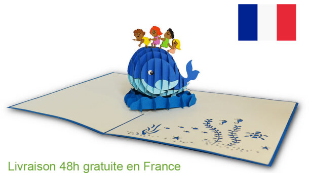 idee cadeau enfant, Baleine et enfants-carte Pop Up 3D chez cartepopup.com
